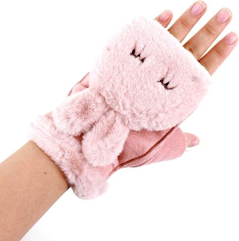 Sherry Flip Half Finger Mittens Girls Winter Warm Suede Gloves Cute Rabbit Fleece Lining Fingerless Gloves in Saudi Arabia