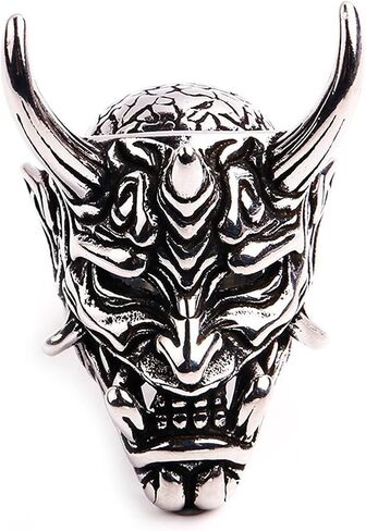 VUIFONGS Hannya Mask خاتم جمجمة قوطي مصاص دماء جمجمة برجنا هيكل عظمي من الفولاذ المقاوم للصدأ الشيطان الهيب هوب الراب الشرير الصخور النوادي الهالوين التنكرية للأولاد مجوهرات خواتم كوبية للرجال in Saudi Arabia