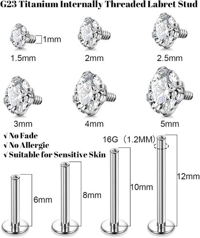Vegolita G23 التيتانيوم Labret ترصيع 16G 18G داخليا الخيوط الشفاه مونرو ترصيع للبشرة الحساسة تشيكوسلوفاكيا الغضروف الزنمة اللولب ترصيع القرط ميدوسا ثقب المجوهرات 6/8/10/12MM in Saudi Arabia