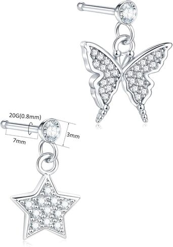 Aumeo 20G حلقات الأنف المتدلية ترصيع الجراحية الصلب العظام على شكل الأنف ترصيع فراشة نجمة القمر تشيكوسلوفاكيا كريستال المتدلية ثقب الأنف مجوهرات للنساء in Kuwait
