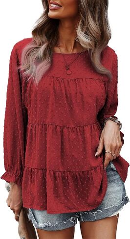 PRETTYGARDEN بلوزة شيفون فضفاضة صيفية للسيدات بأكمام طويلة ورقبة دائرية غير رسمية بيبلوم in Kuwait