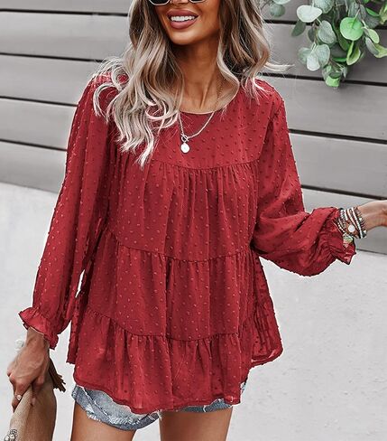 PRETTYGARDEN بلوزة شيفون فضفاضة صيفية للسيدات بأكمام طويلة ورقبة دائرية غير رسمية بيبلوم in Kuwait