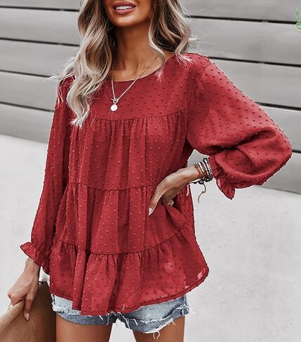 PRETTYGARDEN بلوزة شيفون فضفاضة صيفية للسيدات بأكمام طويلة ورقبة دائرية غير رسمية بيبلوم in Kuwait