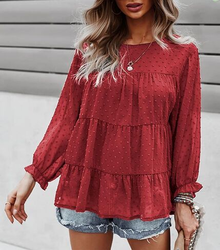 PRETTYGARDEN بلوزة شيفون فضفاضة صيفية للسيدات بأكمام طويلة ورقبة دائرية غير رسمية بيبلوم in Kuwait