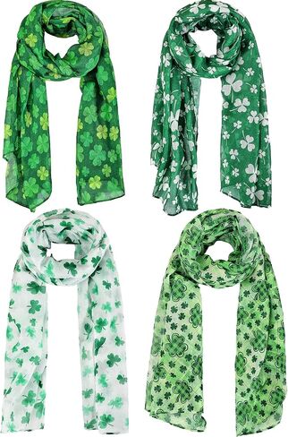 4 Pieces Women's St. Patrick's Shamrock Scarf Irish Green Clover St. Patrick's Day Printed Scarf Shamrock Scarf for Women Holiday Outfits Accessories, Green, White, 180 x 50 cm in Saudi Arabia