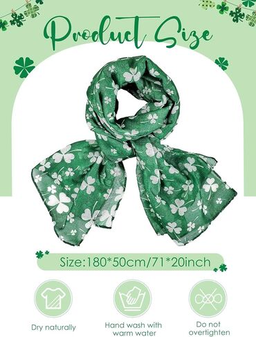 4 Pieces Women's St. Patrick's Shamrock Scarf Irish Green Clover St. Patrick's Day Printed Scarf Shamrock Scarf for Women Holiday Outfits Accessories, Green, White, 180 x 50 cm in Saudi Arabia