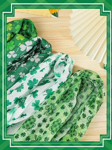 4 Pieces Women's St. Patrick's Shamrock Scarf Irish Green Clover St. Patrick's Day Printed Scarf Shamrock Scarf for Women Holiday Outfits Accessories, Green, White, 180 x 50 cm in Saudi Arabia
