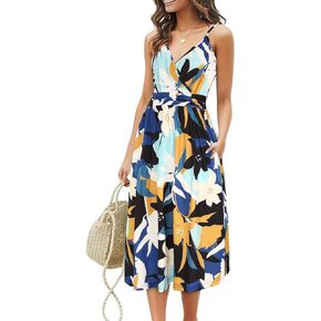 OUGES Women's Summer Spaghetti Strap V-Neck Floral Short Party Dress with Pockets in Kuwait