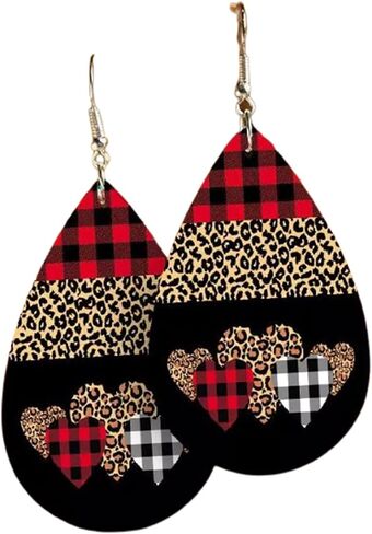 Valentine's Day Love Heart Leather Earrings Red Black Striped Buffalo Plaid Check Dangle Earrings Buffalo Leopard Printed Drop Earring for Women Girl Jewelry in Saudi Arabia