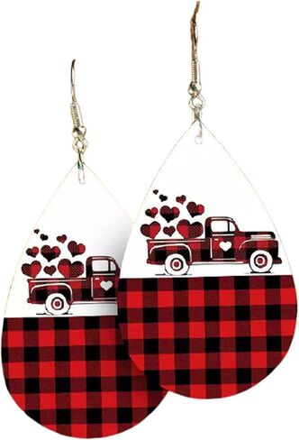 Valentine's Day Love Heart Leather Earrings Red Black Striped Buffalo Plaid Check Dangle Earrings Buffalo Leopard Printed Drop Earring for Women Girl Jewelry in Saudi Arabia