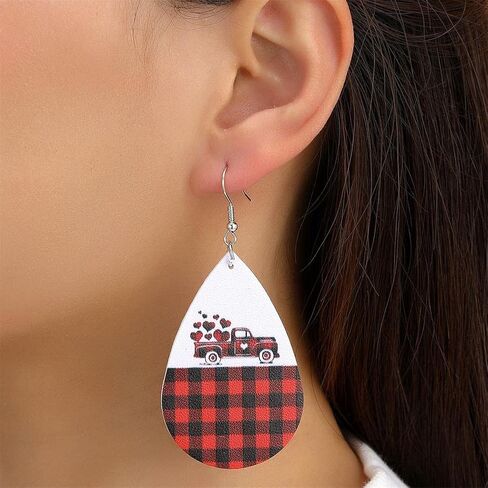 Valentine's Day Love Heart Leather Earrings Red Black Striped Buffalo Plaid Check Dangle Earrings Buffalo Leopard Printed Drop Earring for Women Girl Jewelry in Saudi Arabia