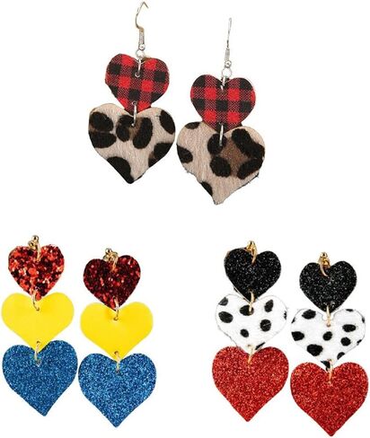 Valentine's Day Love Heart Leather Earrings Red Black Striped Buffalo Plaid Check Dangle Earrings Buffalo Leopard Printed Drop Earring for Women Girl Jewelry in Saudi Arabia