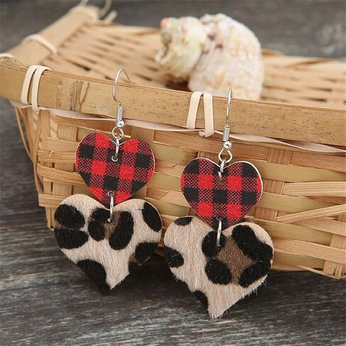 Valentine's Day Love Heart Leather Earrings Red Black Striped Buffalo Plaid Check Dangle Earrings Buffalo Leopard Printed Drop Earring for Women Girl Jewelry in Saudi Arabia