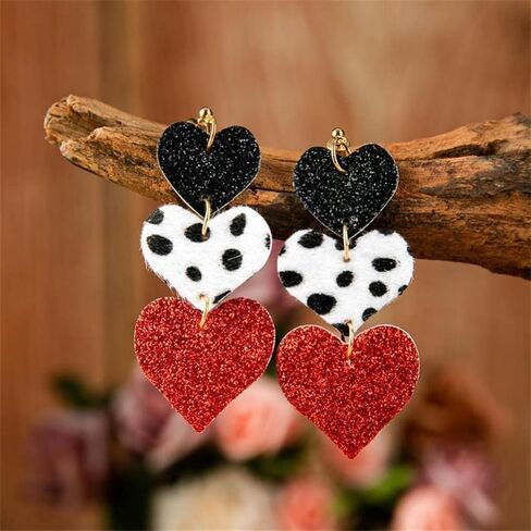 Valentine's Day Love Heart Leather Earrings Red Black Striped Buffalo Plaid Check Dangle Earrings Buffalo Leopard Printed Drop Earring for Women Girl Jewelry in Saudi Arabia