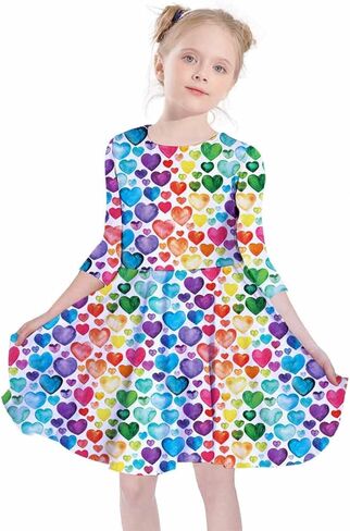 فستان LuckyShe Girl Valentine Dress للأطفال الصغار توين الحب القلب عطلة 3/4 كم طويل فساتين متزلج، 6-12 سنة in Saudi Arabia
