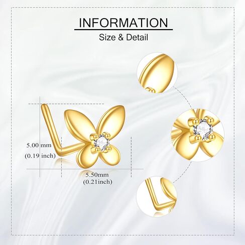 حلق انف على شكل فراشة من الذهب عيار 14 قيراط، حلق انف على شكل فراشة، مجوهرات ثقب الانف هدايا للنساء والفتيات (مقاس 20)، زركونيا مكعب, الذهب الأصفر, زركونيا مكعب in Kuwait