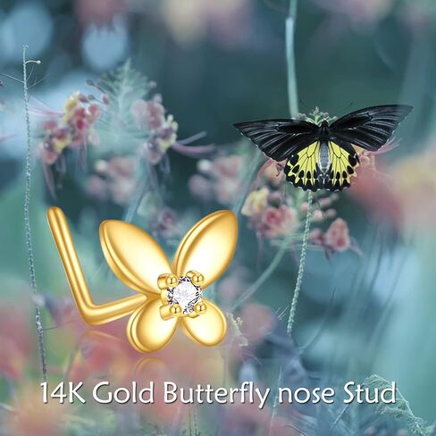 حلق انف على شكل فراشة من الذهب عيار 14 قيراط، حلق انف على شكل فراشة، مجوهرات ثقب الانف هدايا للنساء والفتيات (مقاس 20)، زركونيا مكعب, الذهب الأصفر, زركونيا مكعب in Kuwait
