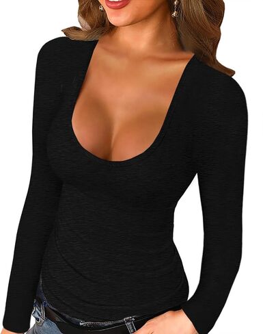 Women Long Sleeve Tops Scoop Neck Low Cut Slim Fitted Shirt Sexy Basic Tee Shirts Tops in Kuwait