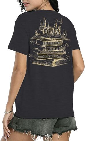 تي شيرت سحري للنساء تي شيرت مدرسي سحري لطيف على شكل قلعة كتابية برسوم جرافيك تي شيرت عائلي للعطلات وأكمام قصيرة in Kuwait