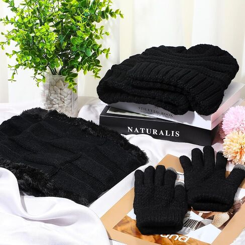 Suhine 27 Pieces Winter Beanie Hats Scarf Gloves Set Warm Knit Hat Touchscreen Gloves for Men Women Winter Homeless Care Gifts, Black, One size in Saudi Arabia