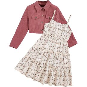 COZYEASE Girls' 2 Piece Outfits Floral Ruffle Hem Boho Cami Dress Set with Long Sleeve Lightweight Jacket in Saudi Arabia