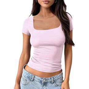 Trendy Queen Womens Short Sleeve T Shirts Square Neck Crop Going Out Cute Tops for Women Basics Tees Summer Trendy Clothes