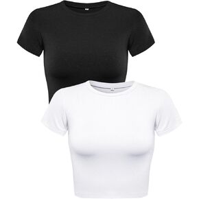 Allimy Womens Summer Short Sleeve Slim Fitted Tshirt Round Neck Ribbed Crop Tops