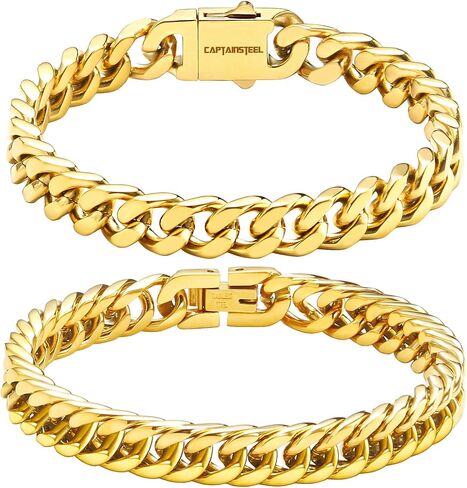 CaptainSteeL 2Pcs Cuban Link Chain Bracelet Set-Stainless SteeL Bracelet,Gold Plating/High Poshing Bracelet for Men Women Boyfiend Lover，Fashion Jewelry Bracelet with Gift Box,7.5/8.3/9 Inches in Saudi Arabia
