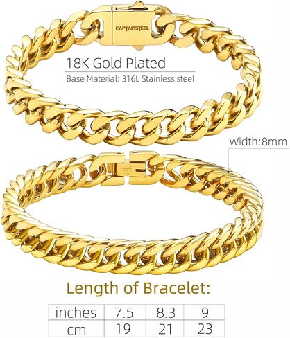CaptainSteeL 2Pcs Cuban Link Chain Bracelet Set-Stainless SteeL Bracelet,Gold Plating/High Poshing Bracelet for Men Women Boyfiend Lover，Fashion Jewelry Bracelet with Gift Box,7.5/8.3/9 Inches in Saudi Arabia