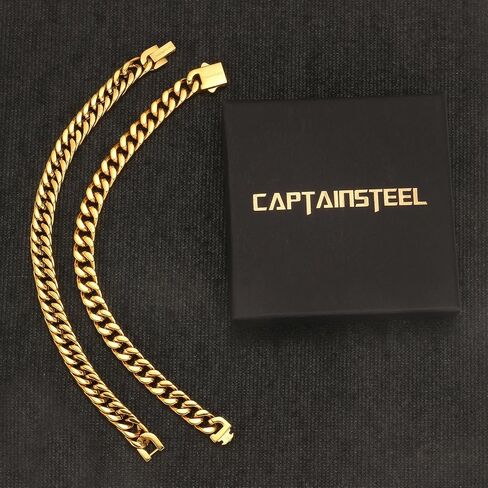 CaptainSteeL 2Pcs Cuban Link Chain Bracelet Set-Stainless SteeL Bracelet,Gold Plating/High Poshing Bracelet for Men Women Boyfiend Lover，Fashion Jewelry Bracelet with Gift Box,7.5/8.3/9 Inches in Saudi Arabia