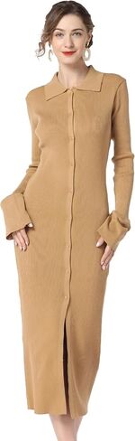 RanRui Women Long Sleeve Knit Dress Stripe Botton Down Knitted Dress Cardigan Sweater Dresses Ribbed Knit Bodycon Maxi Dress in Kuwait