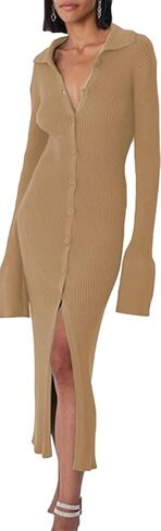 RanRui Women Long Sleeve Knit Dress Stripe Botton Down Knitted Dress Cardigan Sweater Dresses Ribbed Knit Bodycon Maxi Dress in Kuwait