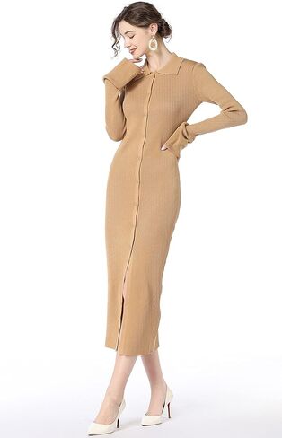 RanRui Women Long Sleeve Knit Dress Stripe Botton Down Knitted Dress Cardigan Sweater Dresses Ribbed Knit Bodycon Maxi Dress in Kuwait