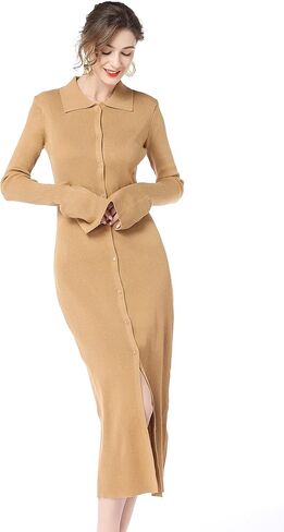 RanRui Women Long Sleeve Knit Dress Stripe Botton Down Knitted Dress Cardigan Sweater Dresses Ribbed Knit Bodycon Maxi Dress in Kuwait