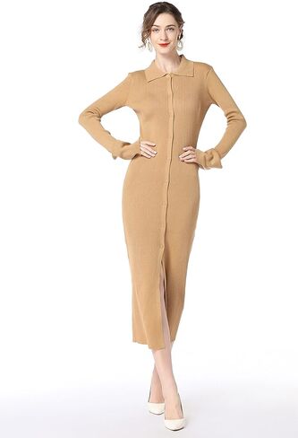 RanRui Women Long Sleeve Knit Dress Stripe Botton Down Knitted Dress Cardigan Sweater Dresses Ribbed Knit Bodycon Maxi Dress in Kuwait