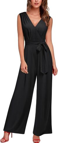 Knitee Women's Sleeveless Deep V Neck Ruched Wide Leg Jumpsuit Long Romper Belt with Pockets in Saudi Arabia