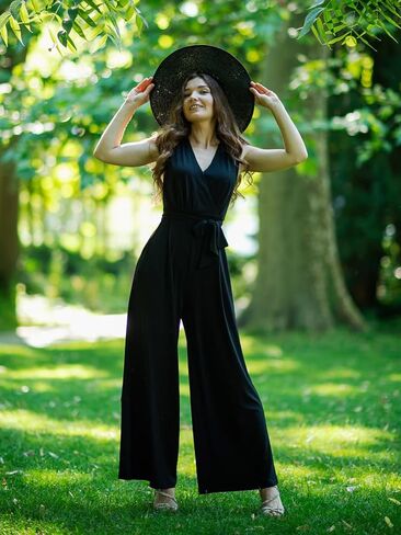 Knitee Women's Sleeveless Deep V Neck Ruched Wide Leg Jumpsuit Long Romper Belt with Pockets in Saudi Arabia
