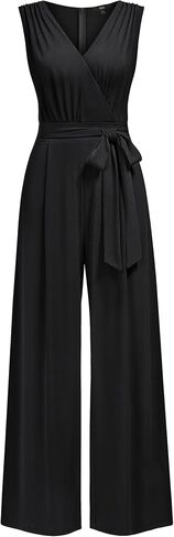 Knitee Women's Sleeveless Deep V Neck Ruched Wide Leg Jumpsuit Long Romper Belt with Pockets in Saudi Arabia