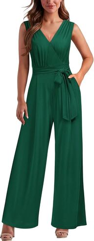Knitee Women's Sleeveless Deep V Neck Ruched Wide Leg Jumpsuit Long Romper Belt with Pockets in Saudi Arabia