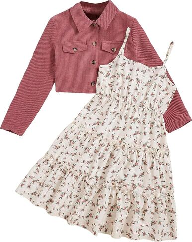 COZYEASE Girls' 2 Piece Outfits Floral Ruffle Hem Boho Cami Dress Set with Long Sleeve Lightweight Jacket in Saudi Arabia