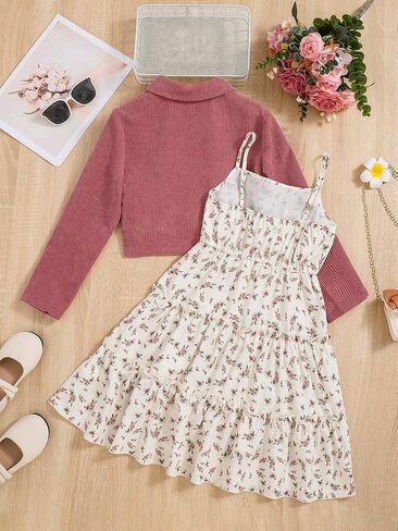 COZYEASE Girls' 2 Piece Outfits Floral Ruffle Hem Boho Cami Dress Set with Long Sleeve Lightweight Jacket in Saudi Arabia