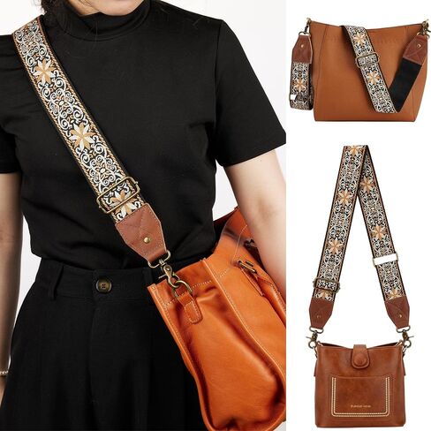 Crossbody Strap Top Grain Leather Ends Brass Metal Hardware 2" Wide Shoulder Strap Replacement for Handbags Purses Messenger Duffel Bags Adjustable Length from 35" to 58" - Vintage Jacquard Mandala in Kuwait