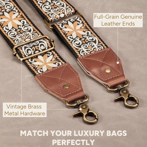 Crossbody Strap Top Grain Leather Ends Brass Metal Hardware 2" Wide Shoulder Strap Replacement for Handbags Purses Messenger Duffel Bags Adjustable Length from 35" to 58" - Vintage Jacquard Mandala in Kuwait