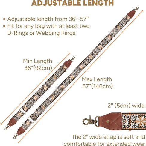 Crossbody Strap Top Grain Leather Ends Brass Metal Hardware 2" Wide Shoulder Strap Replacement for Handbags Purses Messenger Duffel Bags Adjustable Length from 35" to 58" - Vintage Jacquard Mandala in Kuwait