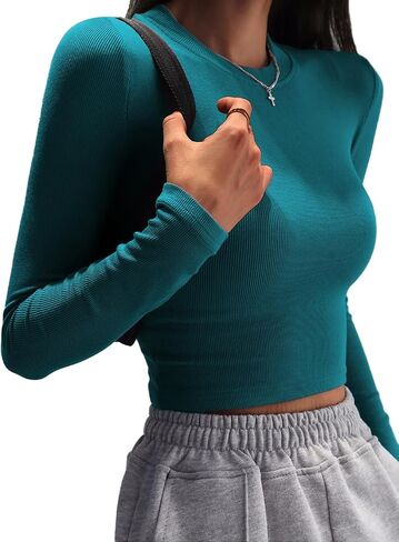 Allimy Womens Summer Short Sleeve Slim Fitted Tshirt Round Neck Ribbed Crop Tops in Saudi Arabia