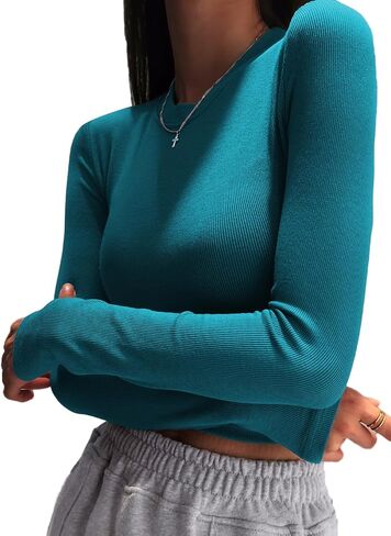 Allimy Womens Summer Short Sleeve Slim Fitted Tshirt Round Neck Ribbed Crop Tops in Saudi Arabia