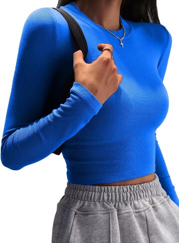 Allimy Womens Summer Short Sleeve Slim Fitted Tshirt Round Neck Ribbed Crop Tops in Saudi Arabia