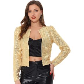 Allegra K Women's Christmas Crop Open Front Blazer Long Sleeve Sparkly Sequin Jacket in Kuwait
