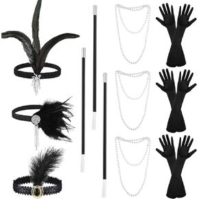 مجموعة إكسسوارات ثينك داي 1920s للنساء، بما في ذلك غطاء الرأس من الريش وعصابة الرأس وقلادة من اللؤلؤ وقفازات عصا كرنفال عشرينيات القرن العشرين والإكسسوارات التنكرية للحفلات in Kuwait