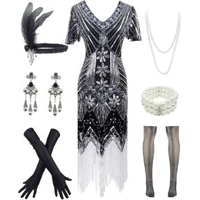 FUNDAISY Womens Vintage Lace Fringed Gatsby 1920s Cocktail Dress with 20s Accessories Set in Kuwait